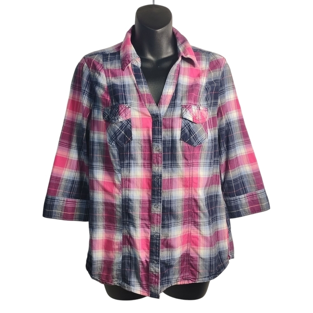 Arizona Jean Co Women's Plaid 3/4 Sleeve V-Neck Button Up Shirt Sz L/G